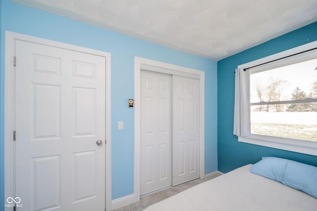 bedroom with carpet floors, baseboards, and a closet