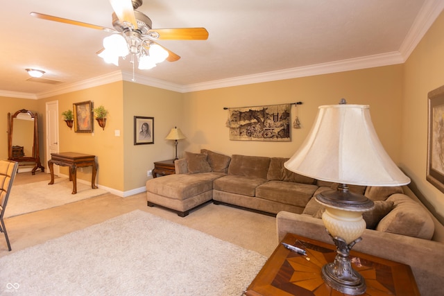 living area with baseboards, a ceiling fan, crown molding, and light colored carpet