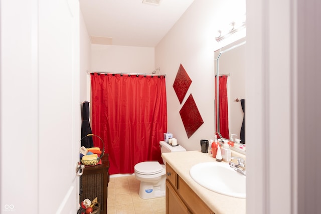 bathroom with vanity, curtained shower, tile patterned floors, toilet, and visible vents
