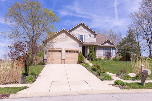 view of front of property featuring driveway, an attached garage, a front lawn, and stone siding