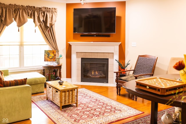 living area featuring a fireplace, wood finished floors, and a healthy amount of sunlight