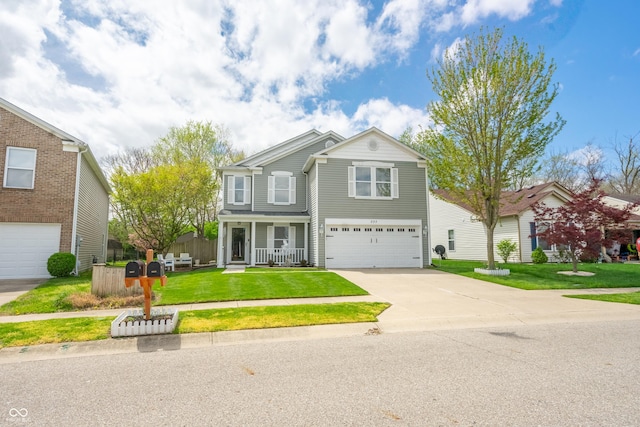 853 Westpointe Dr, Shelbyville, IN 46176 - traditional-style house featuring an attached garage, driveway, a front yard, and covered porch