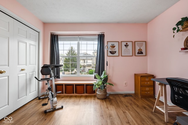 workout area with baseboards, a textured ceiling, and wood finished floors