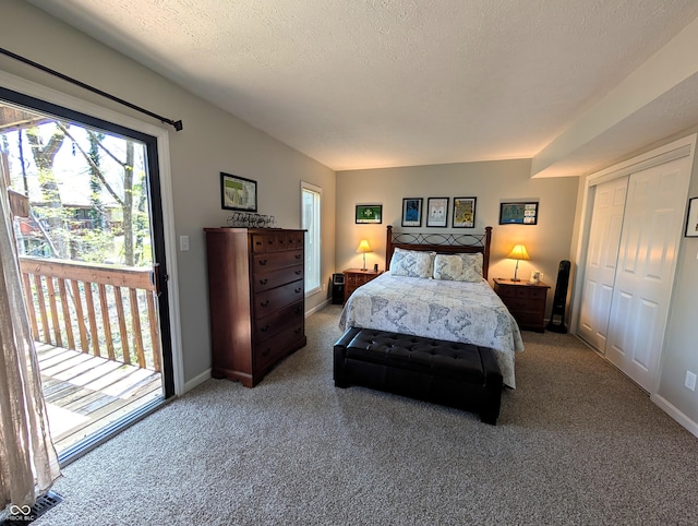 carpeted bedroom with baseboards, multiple windows, and a closet