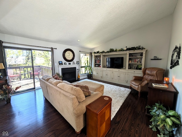 living room with a glass covered fireplace, vaulted ceiling, dark wood-style flooring, and a textured ceiling