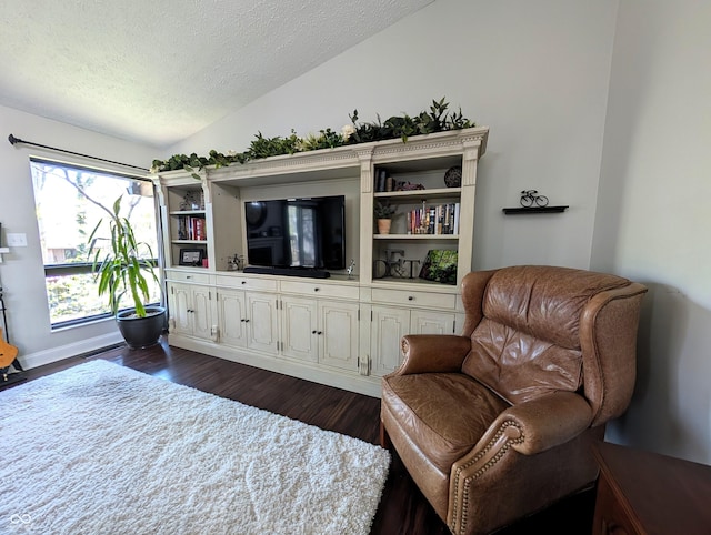 living area with a textured ceiling, dark wood-style floors, and lofted ceiling
