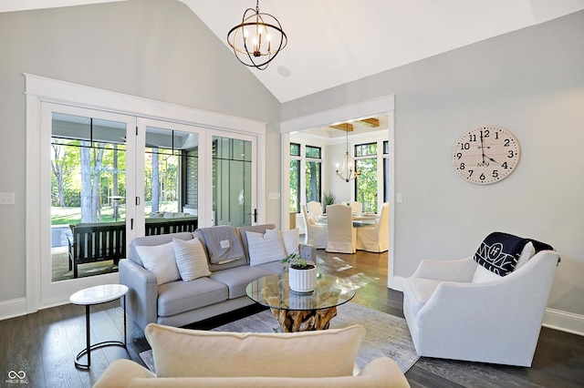 10725 Holliday Farms Blvd, Zionsville, IN 46077 - living area with a chandelier, baseboards, dark wood-style floors, and high vaulted ceiling