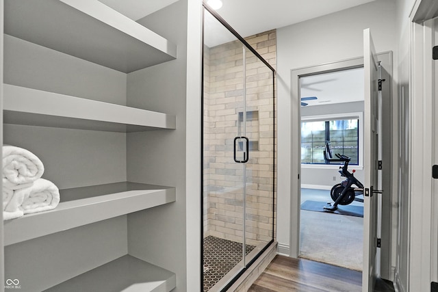 10725 Holliday Farms Blvd, Zionsville, IN 46077 - full bath featuring wood finished floors, a shower stall, and baseboards