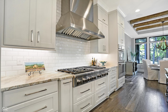 10725 Holliday Farms Blvd, Zionsville, IN 46077 - kitchen featuring wall chimney exhaust hood, appliances with stainless steel finishes, dark wood-style floors, baseboards, and tasteful backsplash