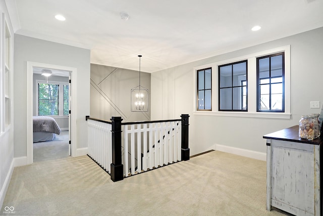 10725 Holliday Farms Blvd, Zionsville, IN 46077 - hallway featuring an upstairs landing, a chandelier, carpet floors, baseboards, and recessed lighting