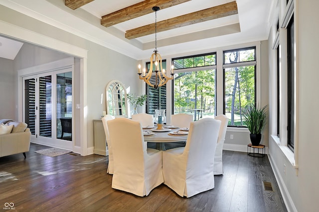 10725 Holliday Farms Blvd, Zionsville, IN 46077 - dining area featuring a chandelier, dark wood-type flooring, baseboards, a raised ceiling, and beam ceiling