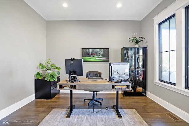 10725 Holliday Farms Blvd, Zionsville, IN 46077 - office space with healthy amount of natural light, crown molding, baseboards, wood finished floors, and recessed lighting