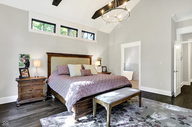 10725 Holliday Farms Blvd, Zionsville, IN 46077 - bedroom with a chandelier, wood finished floors, baseboards, ensuite bathroom, and high vaulted ceiling