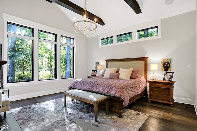 10725 Holliday Farms Blvd, Zionsville, IN 46077 - bedroom with a chandelier, baseboards, dark wood-style flooring, and high vaulted ceiling