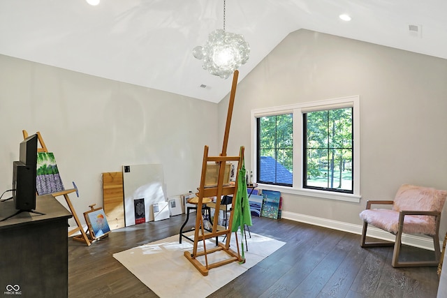 10725 Holliday Farms Blvd, Zionsville, IN 46077 - dining space with a chandelier, dark wood-style flooring, baseboards, recessed lighting, and high vaulted ceiling