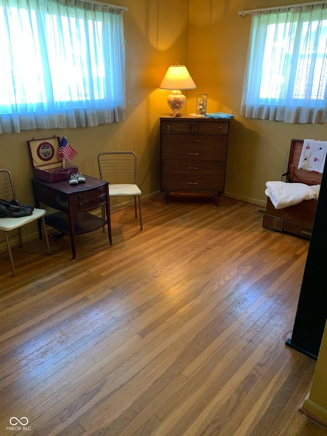 living area featuring wood-type flooring and baseboards