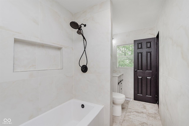 8041 Barry Rd, Indianapolis, IN 46219 - bathroom with tile walls, toilet, and shower / bath combination