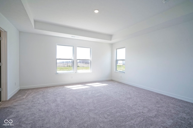 carpeted empty room with baseboards and a tray ceiling