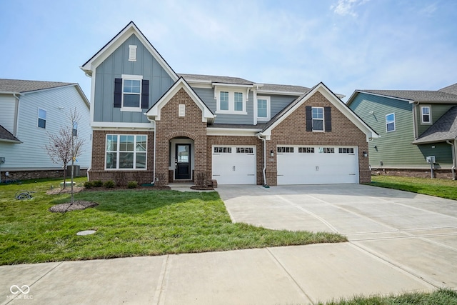craftsman house with a front lawn, driveway, brick siding, a garage, and board and batten siding
