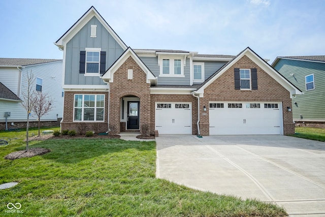 craftsman inspired home with brick siding, a front lawn, a garage, and concrete driveway