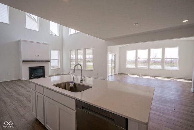 kitchen with stainless steel dishwasher, a sink, open floor plan, a glass covered fireplace, and dark wood-type flooring