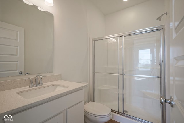 full bathroom with toilet, vanity, and a stall shower