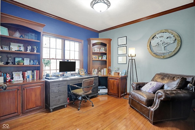 home office featuring ornamental molding and light wood finished floors