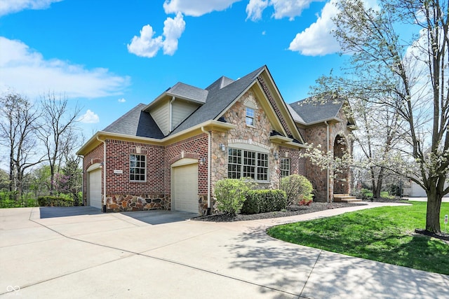 view of front of property with a garage, a shingled roof, stone siding, and concrete driveway