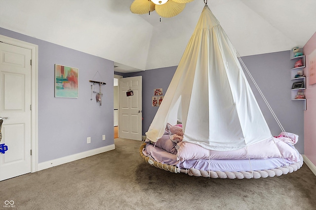 carpeted bedroom with baseboards, ceiling fan, and lofted ceiling