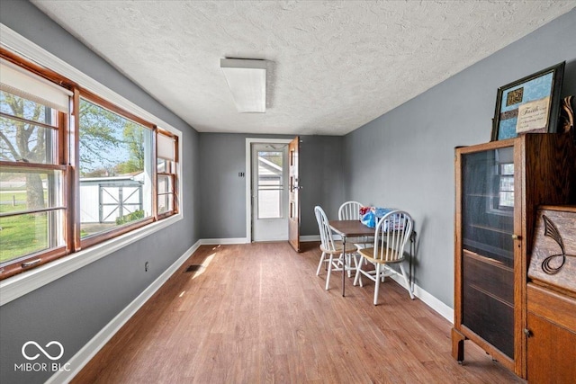 dining space with light wood finished floors, a textured ceiling, plenty of natural light, and baseboards