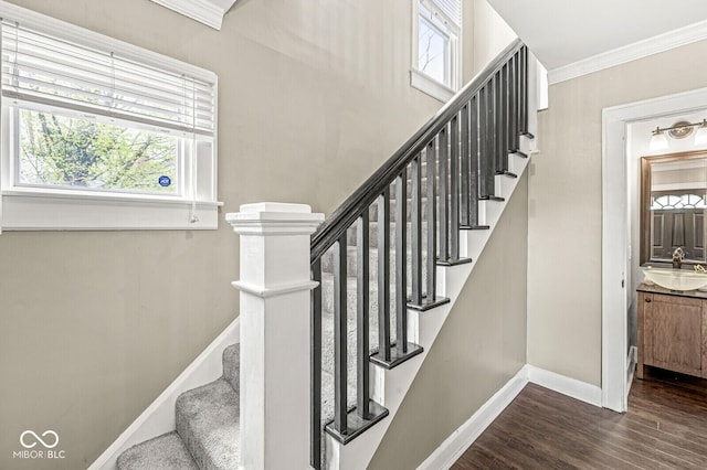 stairs featuring baseboards, crown molding, wood finished floors, and a wealth of natural light