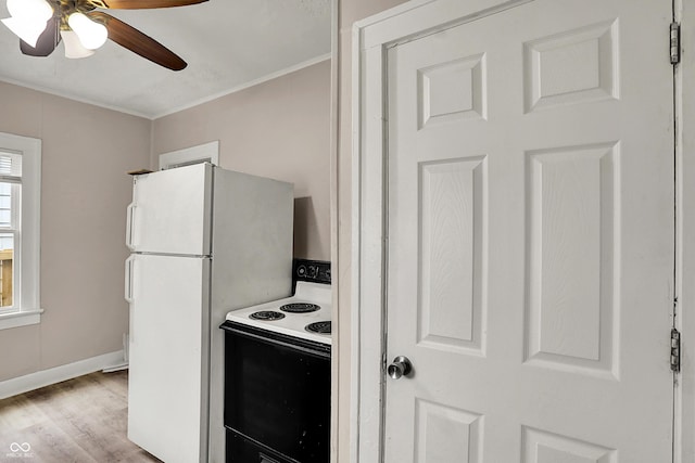 734 N Bradley Ave, Indianapolis, IN 46201 - kitchen with wood finished floors, a ceiling fan, freestanding refrigerator, electric range oven, and ornamental molding