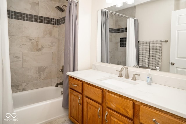 bathroom featuring shower / bathtub combination with curtain and vanity