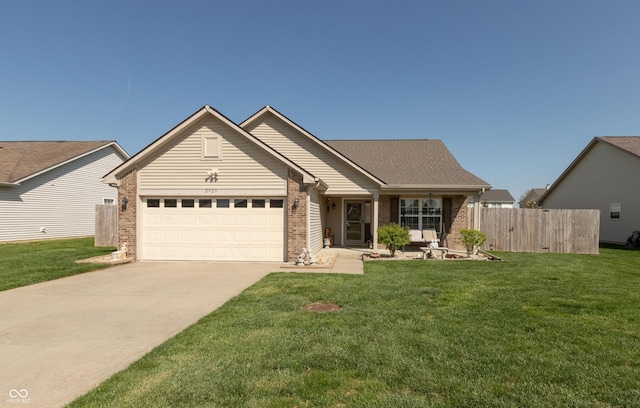 single story home featuring an attached garage, concrete driveway, and brick siding