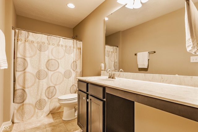 full bathroom with a shower with shower curtain, toilet, recessed lighting, vanity, and tile patterned flooring