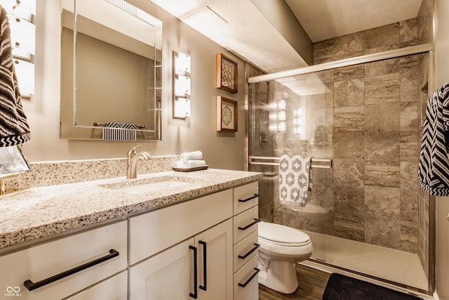 bathroom featuring toilet, vanity, a shower stall, and wood finished floors