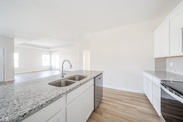 kitchen featuring stainless steel dishwasher, white cabinets, a sink, and light wood-style floors