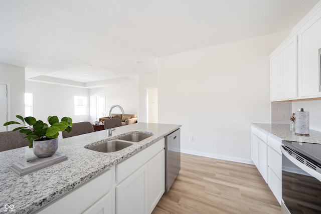 kitchen featuring stainless steel dishwasher, light wood-style floors, white cabinets, a sink, and range with electric cooktop