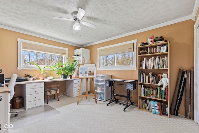 1301 N Maple St, Veedersburg, IN 47987 - carpeted office space featuring ornamental molding, a textured ceiling, and ceiling fan