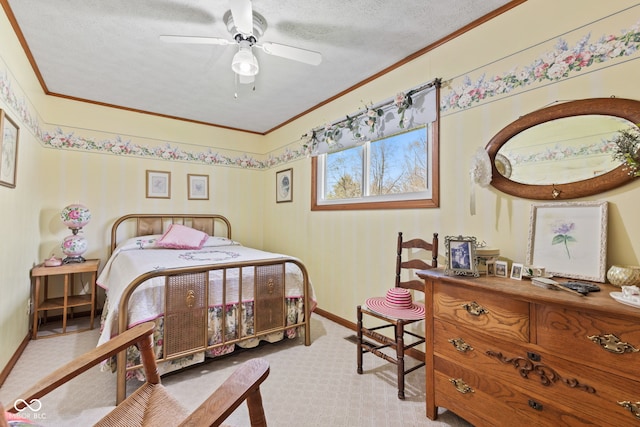 1301 N Maple St, Veedersburg, IN 47987 - bedroom featuring a textured ceiling, baseboards, carpet, a ceiling fan, and crown molding