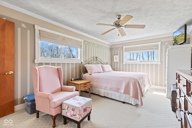 1301 N Maple St, Veedersburg, IN 47987 - bedroom with a textured ceiling, ceiling fan, baseboards, ornamental molding, and carpet flooring