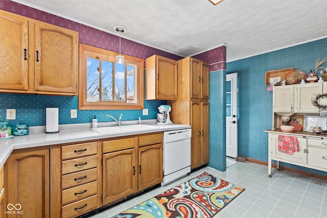 1301 N Maple St, Veedersburg, IN 47987 - kitchen with wallpapered walls, dishwasher, a sink, and a textured ceiling