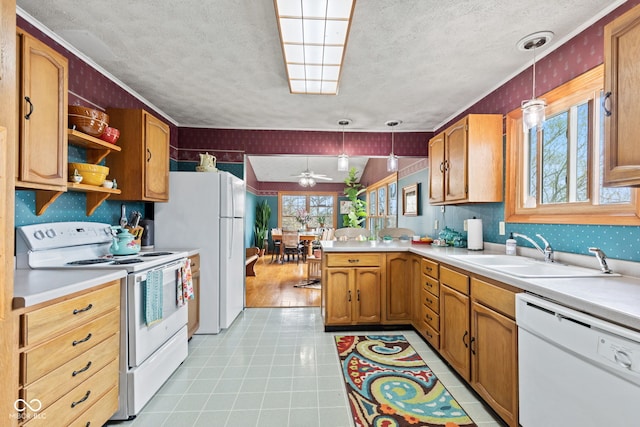 1301 N Maple St, Veedersburg, IN 47987 - kitchen with wallpapered walls, white appliances, a sink, and a textured ceiling
