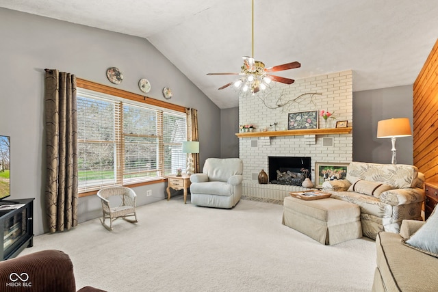 1301 N Maple St, Veedersburg, IN 47987 - carpeted living area featuring lofted ceiling, a fireplace, and ceiling fan