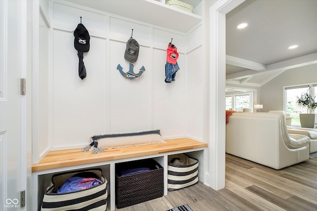 mudroom with recessed lighting and light wood-type flooring