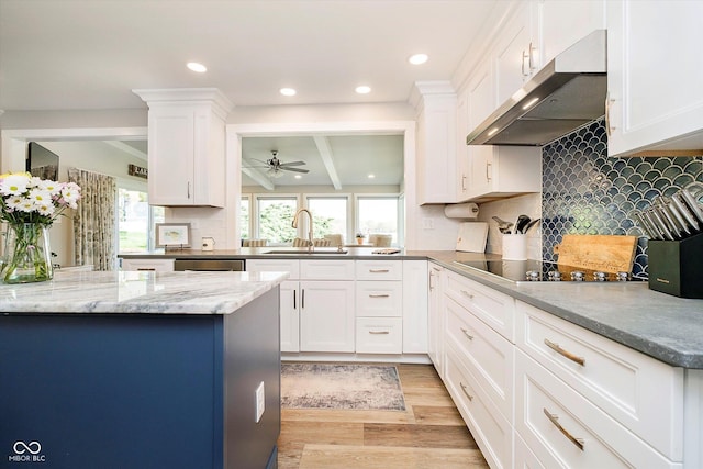 kitchen with a sink, light wood-style floors, ceiling fan, black electric stovetop, and under cabinet range hood