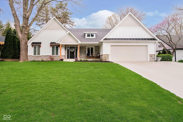 craftsman house with a standing seam roof, stone siding, concrete driveway, a garage, and board and batten siding