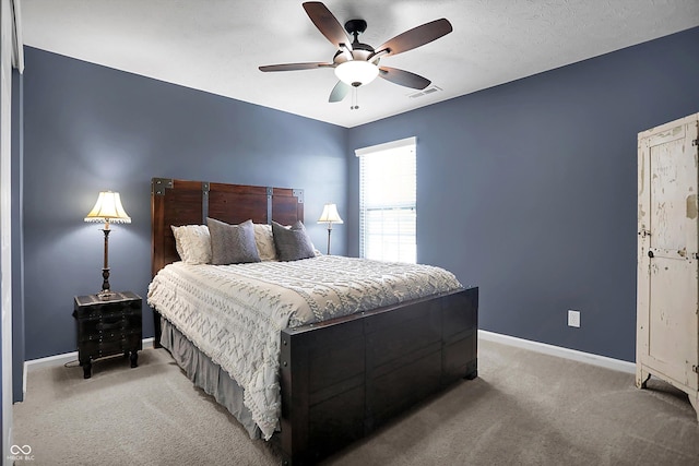 13836 Fieldcrest Dr, Mccordsville, IN 46055 - bedroom featuring baseboards, visible vents, light colored carpet, and ceiling fan