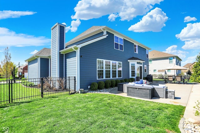 13836 Fieldcrest Dr, Mccordsville, IN 46055 - rear view of house featuring a chimney, fence, a patio area, an outdoor living space, and a lawn