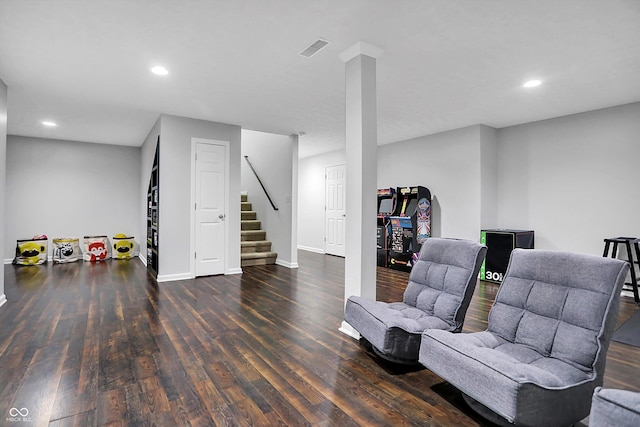13836 Fieldcrest Dr, Mccordsville, IN 46055 - sitting room with stairway, wood finished floors, visible vents, and recessed lighting